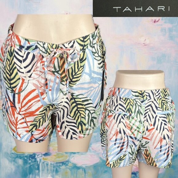 Tahari L Jungle Vibe Print 100% Linen Pockets Stretch Drawstring Waist Shorts - Picture 1 of 6